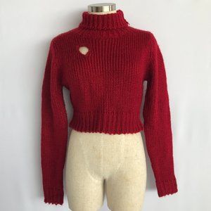 Cute Cider Ruby Red Open Heart Knit Turtleneck Cropped Sweater Sz M